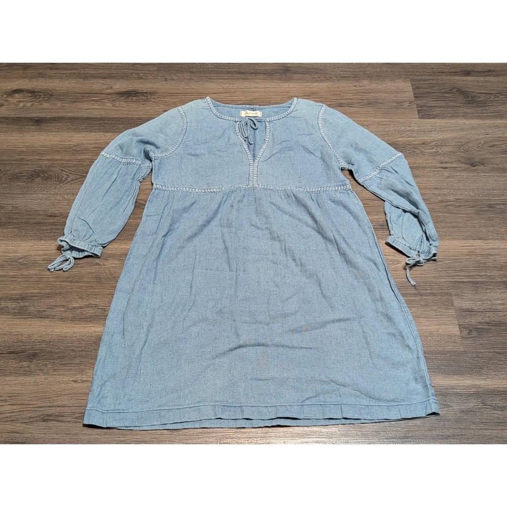 Madewell Blue Chambray Embroidered Peasant‎ Dress Medium Long Sleeve Split Neck